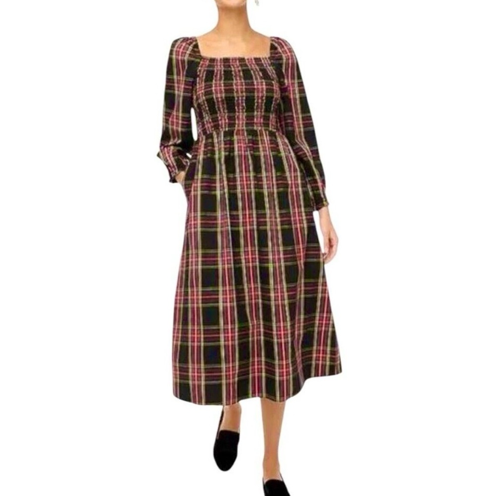 J. Crew Smocked Square Neck Tartan Dress